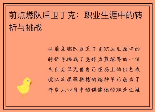 前点燃队后卫丁克：职业生涯中的转折与挑战