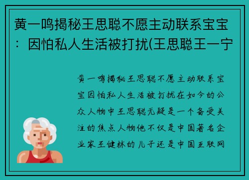 黄一鸣揭秘王思聪不愿主动联系宝宝：因怕私人生活被打扰(王思聪王一宁)
