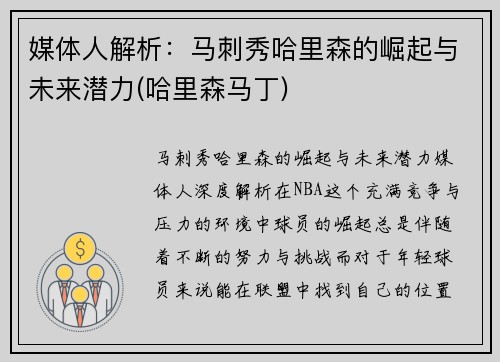 媒体人解析：马刺秀哈里森的崛起与未来潜力(哈里森马丁)