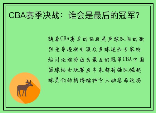 CBA赛季决战：谁会是最后的冠军？